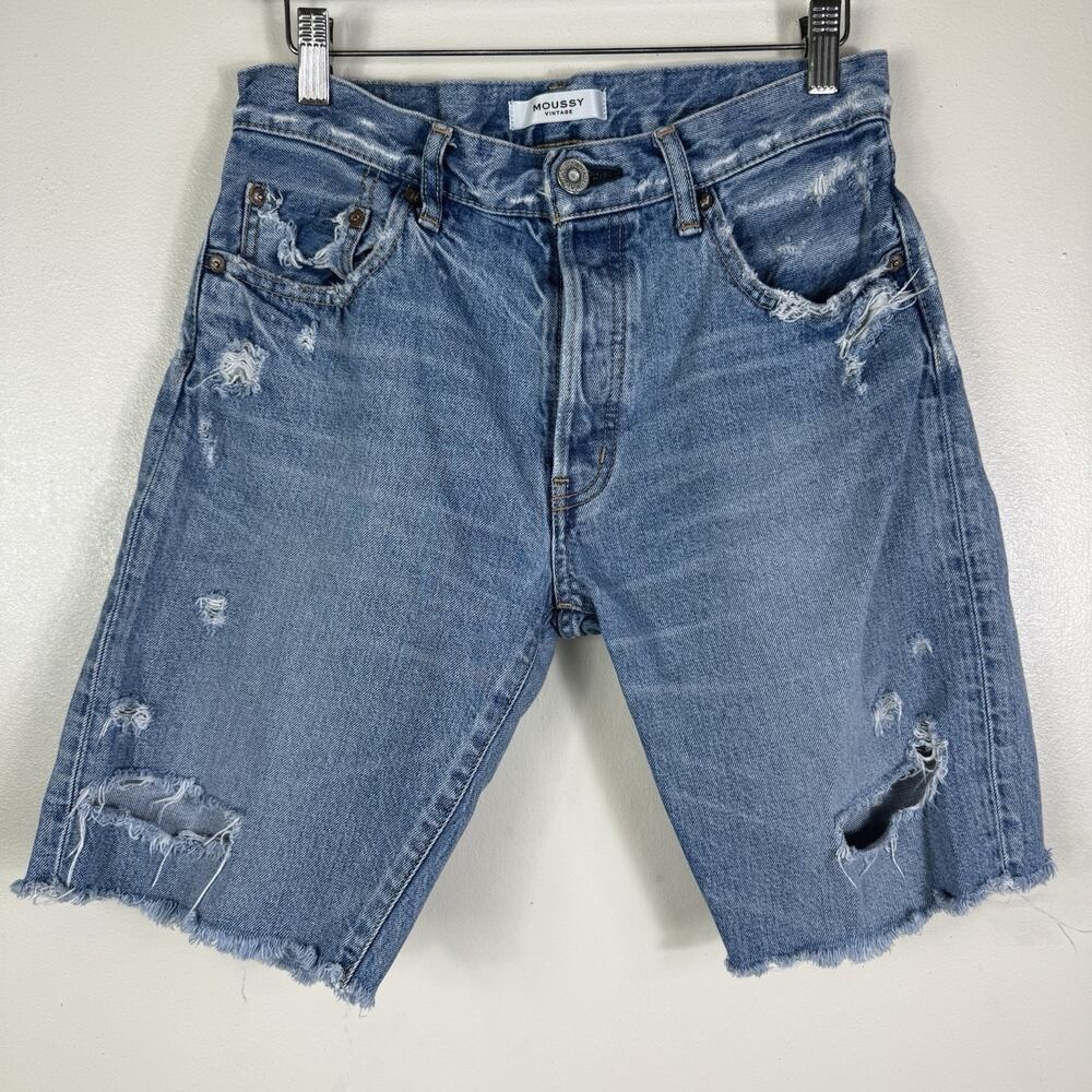 Moussy Cut Off Shorts Size 27 Blue Denim High Rise Button Fly Inseam 9" Japan